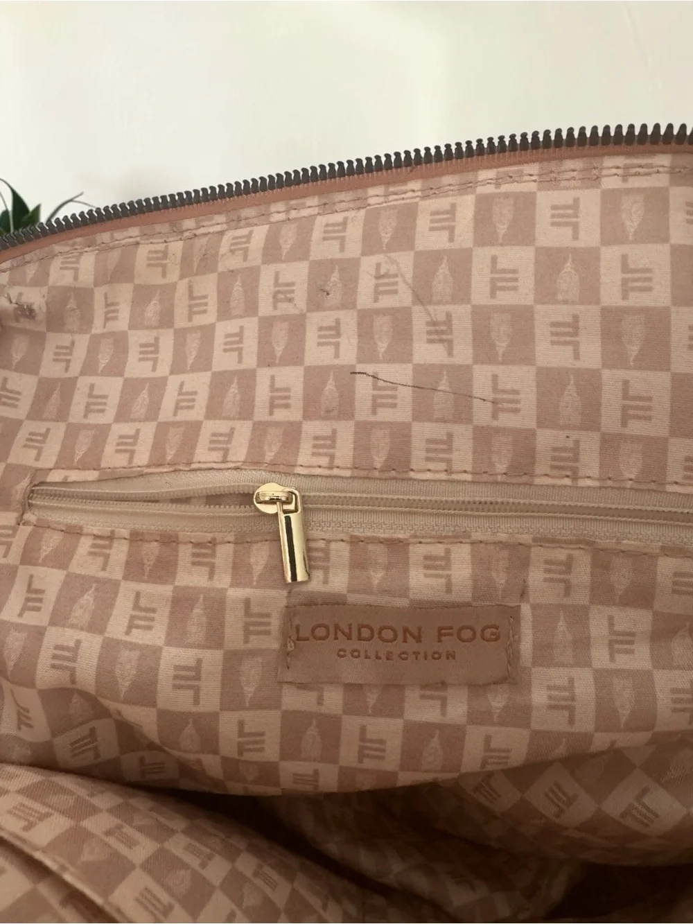 London Fog Vintage Tan/Nude Vegan Leather Croc-Embossed Satchel Gold Accents
